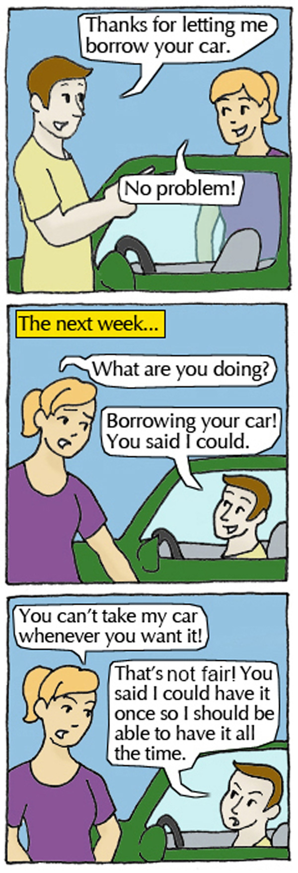 Student 1: Thanks for letting me borrow your car. Student 2: No problem! The next week...Student 2: What are you doing? Student 1: Borrowing your car! You said I could. Student 2: You can't take my car whenever you want it! Student 1: That's not fair! You said I could have it once so I should be able to have it all the time.