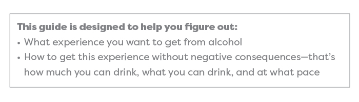 This guide is designed to help you figure out: What experience you want to get from alcohol and how to get this experience without negative consequences—that’s how much you can drink, what you can drink, and at what pace